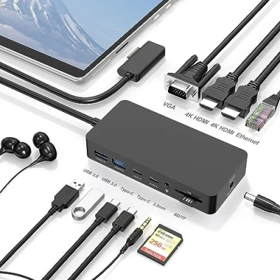 Afbeelding van Surface Dock, Docking Station, 12 in 1 Triple Display (2HDMI 4K + VGA) Microsoft Dock met Pro 9/8/X/7/6/5/4/3, Book 3/2, Book, Laptop 5/4/3/2/1/go