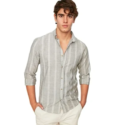 Afbeelding van Trendyol Heren Khaki Slim Fit Button Collar Thin Gestreept Shirt, S