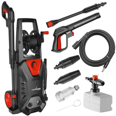 Afbeelding van LEHMANN LGAPW 1814BP Hogedrukreiniger met aluminium pomp, 220 bar, 450 l/u, capaciteit 1800 W, 5 m hogedrukslang, compacte oppervlaktereiniger reinigingsmiddelreservoir, zwart