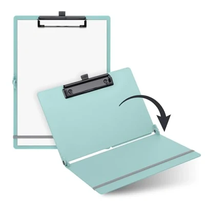 Afbeelding van SAX Opvouwbaar klembord, aqua, A4 op A5, staand en liggend formaat, ideaal voor reizen zaken, 30 vellen, inclusief elastische sluitband penlus, duurzaam schokbestendig