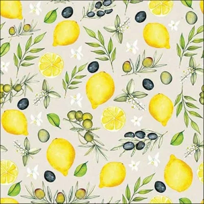 Afbeelding van 20 servetten eten olijven en citroenen als tafeldecoratie. Papieren met motief. Ook voor decoupage servettechniek 33x33cm