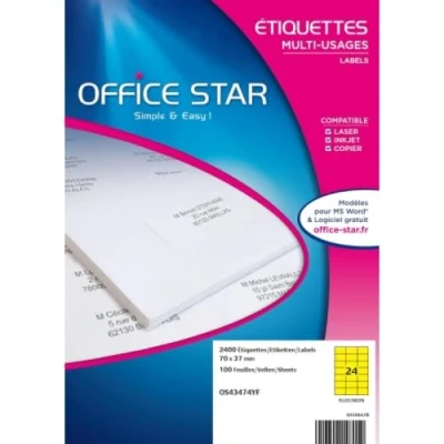 Afbeelding van OFFICE STAR 2400 zelfklevende multifunctionele etiketten, neongeel, personaliseerbaar, bedrukbaar, formaat 70 x 37 mm, laserdruk, inkjet en kopieerapparaat