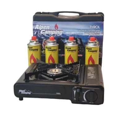 Afbeelding van ALPEN CAMPING Draagbaar gasfornuis + 4 x gaspatronen koffer, campingkooktoestel, 2 functies