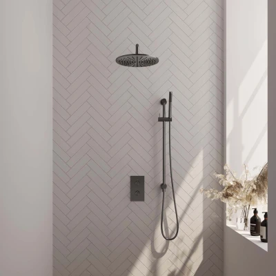 Afbeelding van BRAUER Gunmetal Carving thermostatische inbouw regendouche 3 weg omstelling SET 40 met 30 cm douchekop en gebogen muurarm staaf handdouche