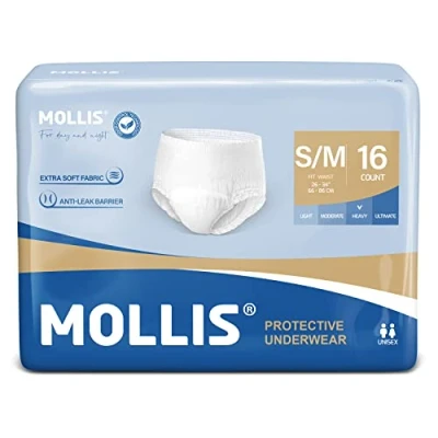 Afbeelding van MOLLIS incontinentie en postpartumondergoed voor volwassenen dames heren, wegwerpondergoed met lekbescherming &#039;s nachts, geurbestrijding, klein/medium, 16 stuks