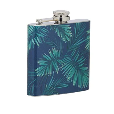 Afbeelding van BarCraft BCPALMFLSK heupfles met tropische palmprint ontwerp, roestvrij staal, 175 ml