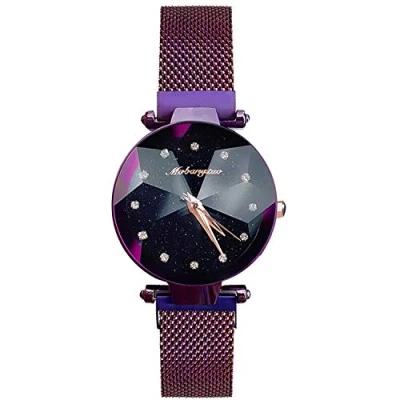Afbeelding van RORIOS dameshorloges sterrenhemel gesimuleerd diamant wijzerplaat mesh Armband dames horloges, Paars A,