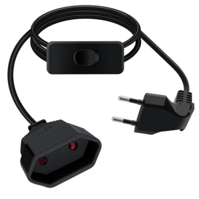 Afbeelding van HuaLiSiJi Verlengkabel, eurostekker met schakelaar, 2,5 A, 250 V, plat, eurostekker, 90 graden kort, voor huishoudelijke apparaten, tv, pc, computer, monitor enz. (zwart, 1 m)