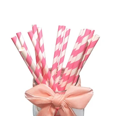 Afbeelding van roze papieren drinkrietjes, strepen, verpakking van 100 stuks voor meisjes, feestjes en bijeenkomsten, jonge meisjes