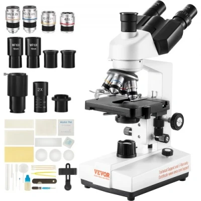 Afbeelding van VEVOR Trinoculaire microscoop 10X, 25X, 2X Hulplens Samengestelde microscoop, lenzen 4X, 40X, 100X, Laboratorium gereflecteerd lichtmicroscoop Vergroting 40 5000, 100 240 V Laboratoriummicroscoop