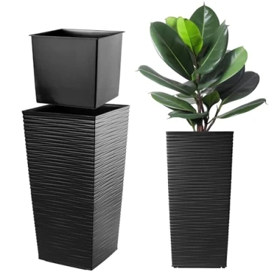 Afbeelding van KADAX Bloempot, bloembak van kunststof, plantenbak voor bloemen, binnen en buiten, tuin, balkon, terras, huis, weerbestendig, imitatie rotan (57 cm hoog, zwart)