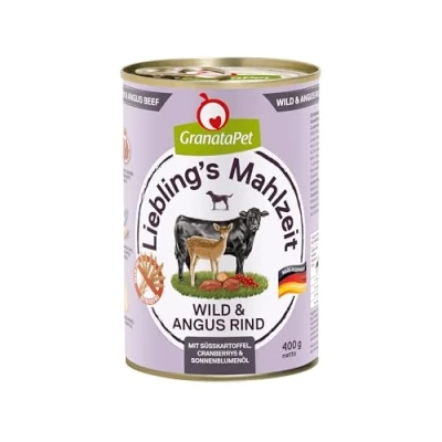 Afbeelding van GranataPet Lieblings&#039;s Maaltijd Wild &amp; Angus rundvlees, natvoer voor honden, hondenvoer zonder granen en suikertoevoegingen, volledig voer, 6 x 400 g
