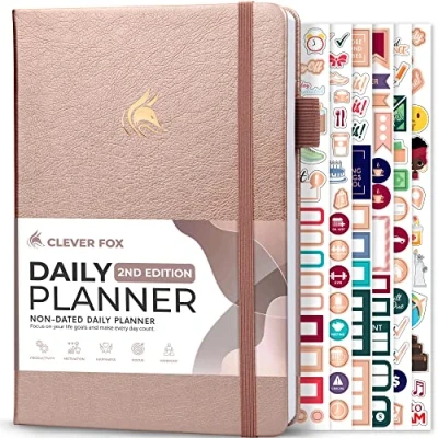 Afbeelding van Clever Fox Dagelijkse planner 2e editie ongedateerde tijdblokkeertaakorganisator met uurschema en takenlijst A5, 6 maanden (roségoud)