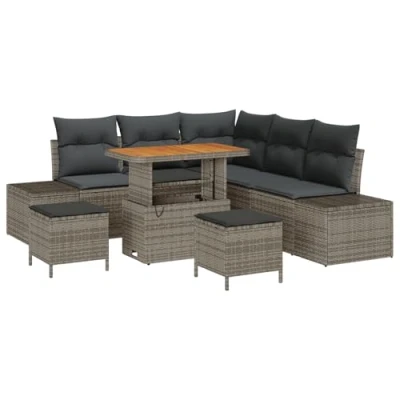 Afbeelding van vidaXL 8 delige tuinset met kussens in Grijs van Poly Rattan en Acacia