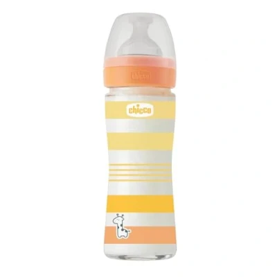 Afbeelding van CHICCO Fysio Drinkfles met zuignap van zachte siliconen en Sense afwerking, anti goud, vermindert regeneratie prikkelbaarheid, glazen fles 240 ml, 0 maanden+, neutraal