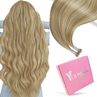 Afbeelding van YoungSee nanoring Extensions van echt haar, blond, 35 cm, extensions, asblond met nano ring, haarextensies, Remy, nanoring, haarverlenging, 50 g,