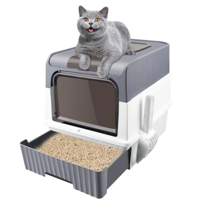 Afbeelding van OHMG Gesloten kattentoilet, groot opvouwbaar met dakraam, afneembaar dienblad en schep, kattenbak deksel