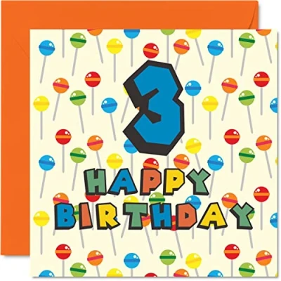 Afbeelding van 3e verjaardagskaart unisex Lollipop Sweets Candy Happy Birthday Card 3 jarige zoon dochter broer zus kleinzoon kleindochter nichtje neef neef, 145mm x derde verjaardag wenskaart