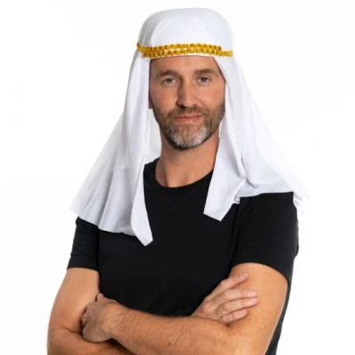 Afbeelding van Partychimp Hoofddoek Sjeik Carnaval Accessoires voor bij Carnavalskleding Dames Heren Verkleedkleren Volwassenen Polyester Wit/Goud One size