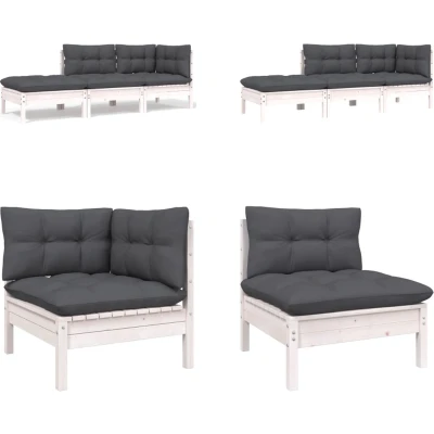 Afbeelding van 3 Delige Loungeset Met Crèmekleurige Kussens Massief Grenenhout / Wit hoek + midden voetensteun