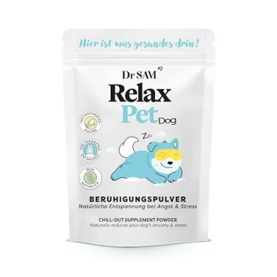 Afbeelding van Dr. SAM RelaxPet Premium anti strespoeder voor honden, als natuurlijk kalmerend middel ontspanning bij angst en stress, rust tijdens het reizen speciale gelegenheden, hoge dosis, 45 g