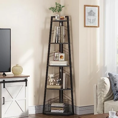 Afbeelding van YITAHOME Hoekplank 5 niveaus, industriële hoek boekenplank moderne staande boekenkast ladder plank houten open display rekken unit voor woonkamer, hal, thuiskantoor, zwarte