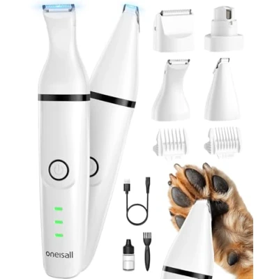 Afbeelding van oneisall 4 in 1 stille tondeuse voor honden en katten, oplaadbare poottrimmer klauwslijper met multifunctionele snijkoppen lichaam, poten, ogen, oren, gezicht, wit