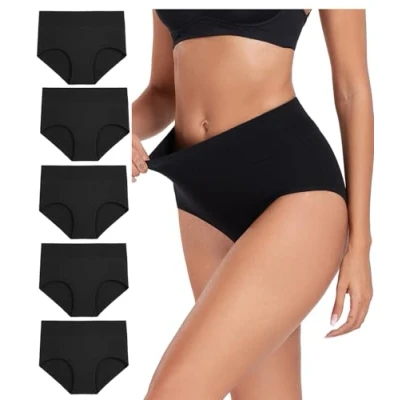Afbeelding van wirarpa Damesondergoed, katoen, hoge taille, stretch, slips, zachte onderbroek, volledige dekking, 5 stuks, Donker zwart, 4XL