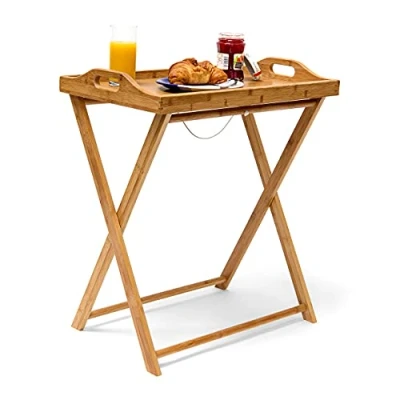 Afbeelding van Relaxdays dienblad tafel bamboe inklapbare bijzettafel serveerblad hout koffietafel