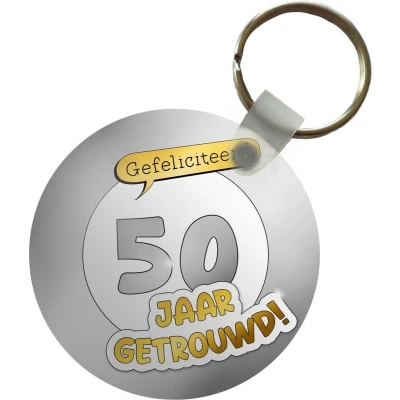 Afbeelding van Sleutelhanger Trouwen Gefeliciteerd 50 jaar getrouwd! Spreuken Quotes Plastic Rond Uitdeelcadeautjes