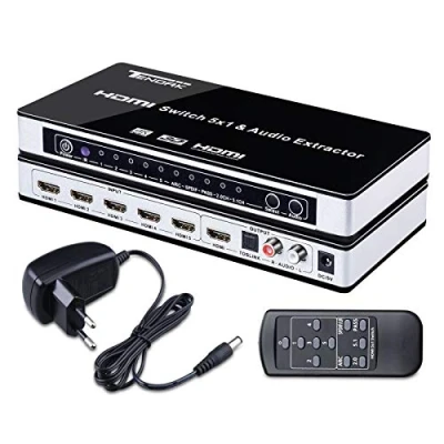 Afbeelding van Tendak HDMI schakelaar, 4K 5 poorten, verdeler, schakelaar naar 1 met SPDIF en L/R audio extractor afstandsbediening, ondersteunt ARC UHD 3D