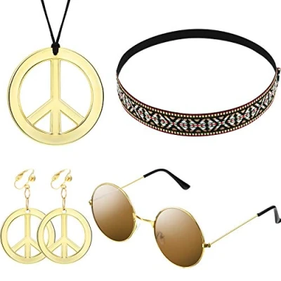 Afbeelding van Hippie/Bohemia Kostuum Set Vredeset, Inclusief Zonnebril, Ketting en Hoofdband voor 60s 70s Party Accessoires Style B 4 Pieces