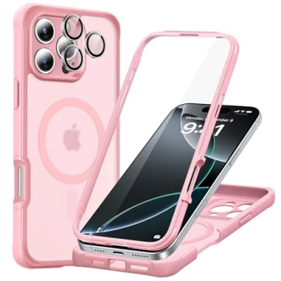 Afbeelding van ESR Hoes voor iPhone 16 Pro Max, compatibel met MagSafe, 360 graden beschermhoes, stootvast, militaire standaard, magnetische telefoonhoes camerabescherming, helder roze