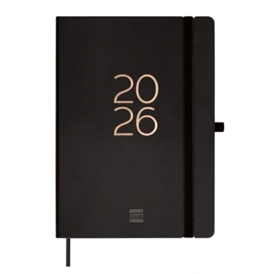 Afbeelding van Finocam Planner 2026 Vertical Week to View January December 12 months A5 with elastic band and knitted tape Softcover Capri Black International, Weekweergave Verticaal, Zwart