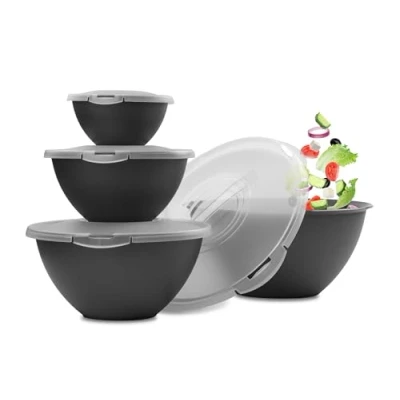 Afbeelding van Hausfelder Set saladekommen, groot, met deksel, kommenset, 0,7 6 l, in antraciet zwart, grote kommen van kunststof, BPA vrij