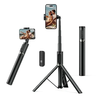 Afbeelding van ATUMTEK selfie stick 140 cm, smartphone statief met oplaadbare Bluetooth afstandsbediening, uitschuifbare aluminium statief, compatibel iPhone, Samsung en Android telefoons (Zwart)