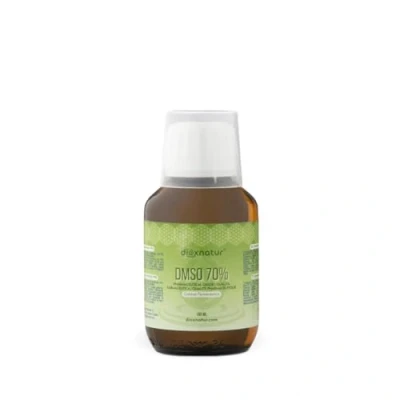 Afbeelding van DIOXNATUR® DMSO 70% (125 ml) dimethylsulfoxide barnsteenglazen fles, gemaakt in Spanje.
