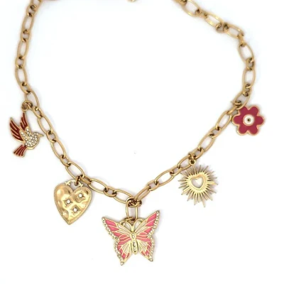 Afbeelding van Schakelketting goud met 5 bedels roze vlinder strass in het midden