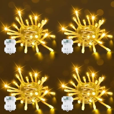 Afbeelding van Bowfar Lichtsnoer voor buiten, 2 m, 20 leds, warmwit, met 6 uur timer, IP65 waterdicht, binnen, kamer, feest, Kerstmis, outdoor, 4 stuks, doorzichtige kabel