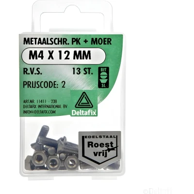Afbeelding van Deltafix metaalschroef platkop + moer r.v.s. a2 m4 x 12 mm din 965 /din 934 13 st.