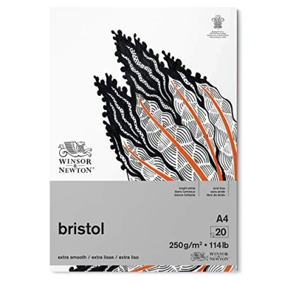 Afbeelding van Winsor &amp; Newton 6661545 Bristol tekenpapier in blok 20 vellen DIN A4, 250 g/m², bovengelijmd, stralend wit papier voor tekeningen met technische pennen, fineliners, inkt, markers, airbrush