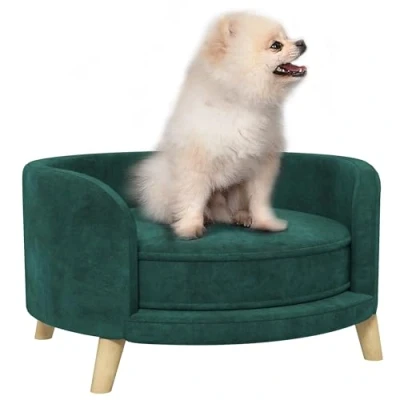 Afbeelding van PawHut Hondensofa, Huisdiersofa met fluweelachtige uitstraling, Kattensofa kussen, Hondenbed, Verhoogd ontwerp, Hondenstoel houten poten, Groen, 68 x 35 cm