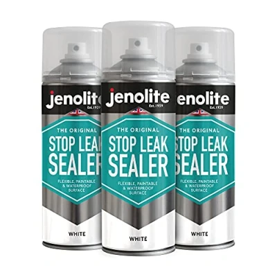Afbeelding van JENOLITE Stop Leak Afdichtmiddelspray WIT Waterdichte kit Vult, sluit af en stopt lekken Dakgoten, platte daken, regenpijpen, ramen 3 x 400 ml