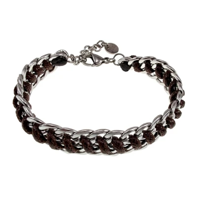 Afbeelding van 15cm tot 19cm Armband Unisex Donkerbruine Gepolijst RVS Cubaanse met Donkerbruin Koord Verstelbaar