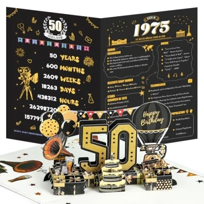 Afbeelding van Joyoldelf 50e verjaardagskaart, 1975 jaargang 3D pop up wenskaarten met envelop, vintage verjaardagscadeaus voor man en vrouw