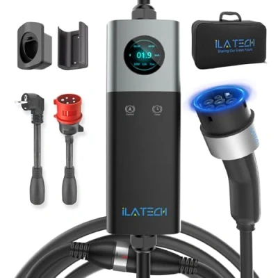Afbeelding van iLa Tech Mobile Wallbox 22 kW driefasig, EV oplader type 2 32 A met T2 kabel 5 m, laadstation voor elektrische auto, IP66, stroomgrootte verstelbaar Schuko adapter 16A/CEE 32A rood