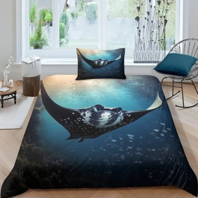 Afbeelding van manta ray ademende beddengoedset, verborgen rits, sting dekbedovertrekset met kussenslopen, dekbedovertrekset, zachte microvezel dekbedovertrek voor verschillende maten bedden, eenpersoons (135 x