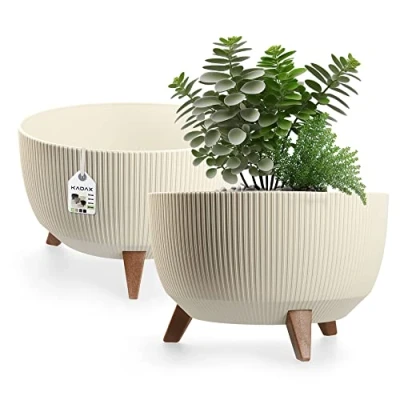 Afbeelding van Kadax Bloempot, van kunststof, met drie insteeksteunen, rond, bloemenschaal, plantenbak, bloembak, voor balkon, woonkamer, 40 cm diameter, crème