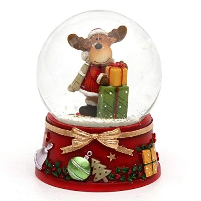 Afbeelding van Dekohelden24 Sneeuwbol met eland en rode sokkel, afmetingen L/B/H: 7 x 8,5 cm bal Ø 6,5 cm.