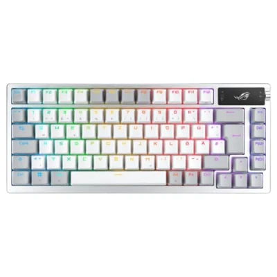 Afbeelding van ASUS ROG Azoth White RGB Gaming Toetsenbord (QWERTZ lay out, 75% toetsenbordvormfactor, NX mechanische schakelaars, OLED display, draadloos met Bluetooth, 2,4 GHz RF, USB, Windows en MacOS modus,